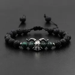 Natural Stone Lava Elastic Bracelet Stainless Steel Animal Owl Goat Charm Beaded Braid Bracelet & Bangle Jewelry for Men Women