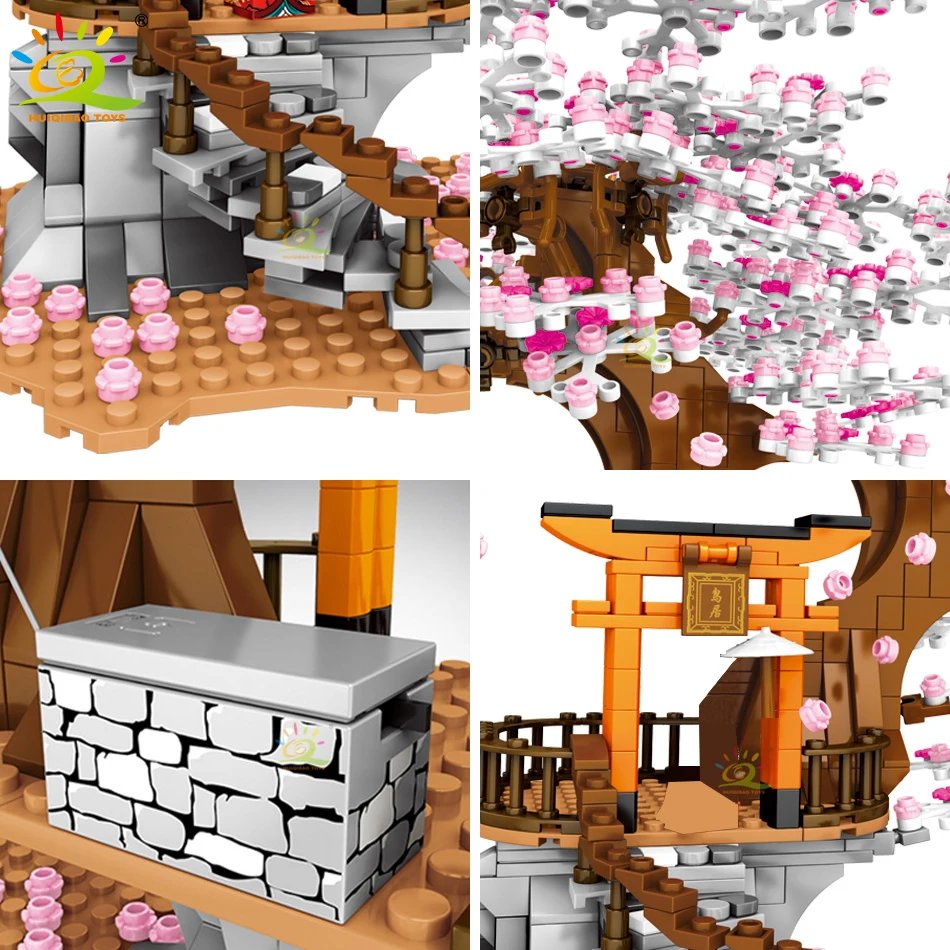 Huiqibao 1167Pcs Cherry Shrine Torii Stad Architectuur Street View Bouwstenen Sakura Boom Verlichting Bricks Cijfers Speelgoed Kid