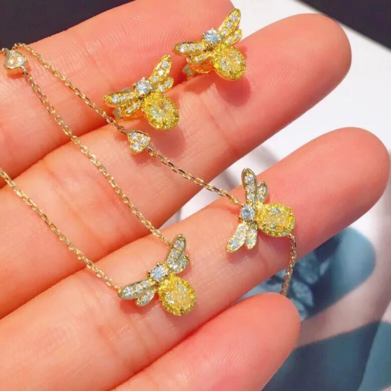 18K Au750 White Gold A Set Of Necklace Earrings Bracelet Nature Yellow diamond Bee Wedding Party Engagement Anniversary