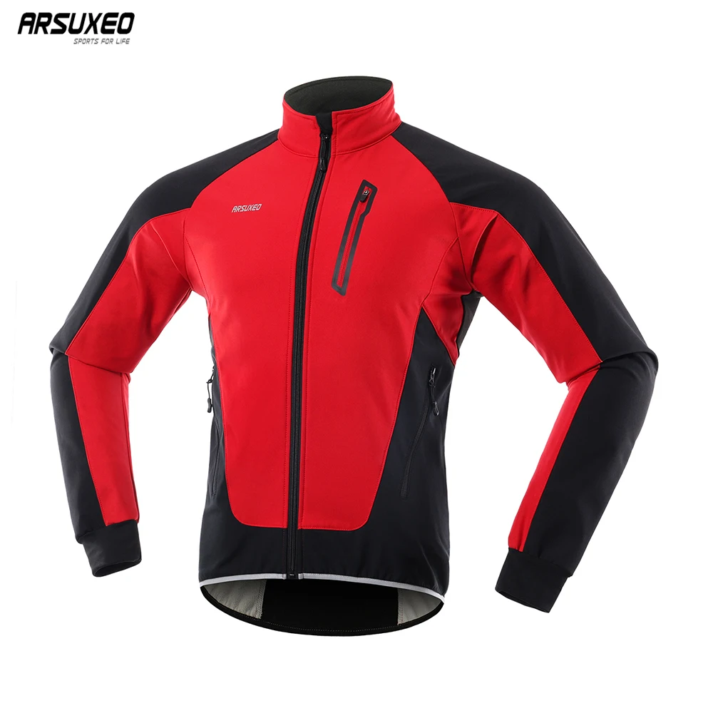 ARSUXEO Men\'s Winter Cycling Jacket Thermal Fleece Warm Up Bicycle Clothing Windproof Waterproof Soft Shell Coat MTB Bike Jersey