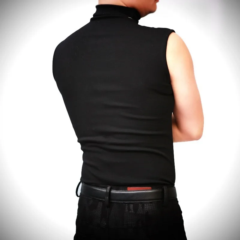 Men Sexy Turtleneck Tops Sleeveless Corset Tight Vest Slim Bottom Shirts Male Tanks Tops Stage Wear Night Club Costume