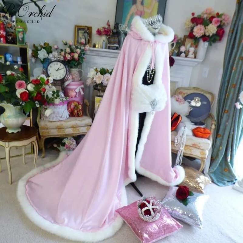 

PEORCHID Warm Pink Bridal Cloak With Hood Faux Fur Trimmed Cape For Women Full Length Winter Long Shawl Wedding Dress Cape