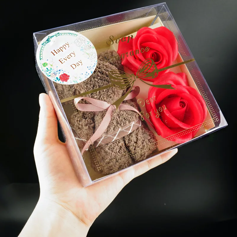 Coral Fleece Bear Towel Set with Transparent Gift Box, Bathroom Towels, Soap Flower, Business Holiday, Christmas, Wedding Gifts