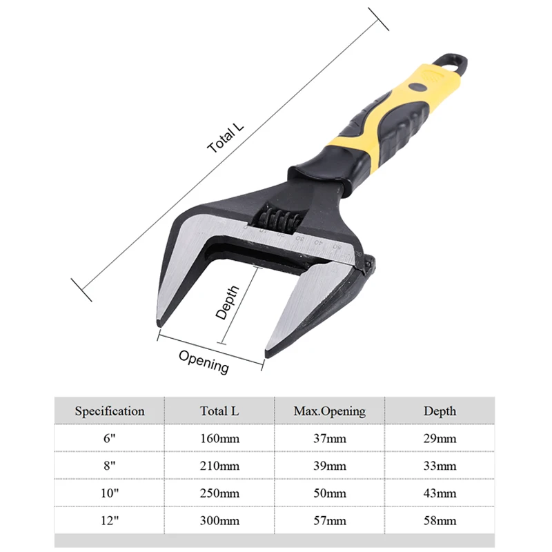 6-12 Inch Adjustable Wrench Wide Jaw Opening Wrench with Rubber Anti-slip grip for Automotive Plumbing and Household Repairs