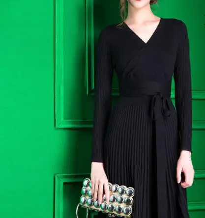 Women's Knitted Pleated V-Neck Midi Dress High Waist Bowtie Lace Up Vintage Woman's Dresses 2021 Summer Fashion Female Clothes