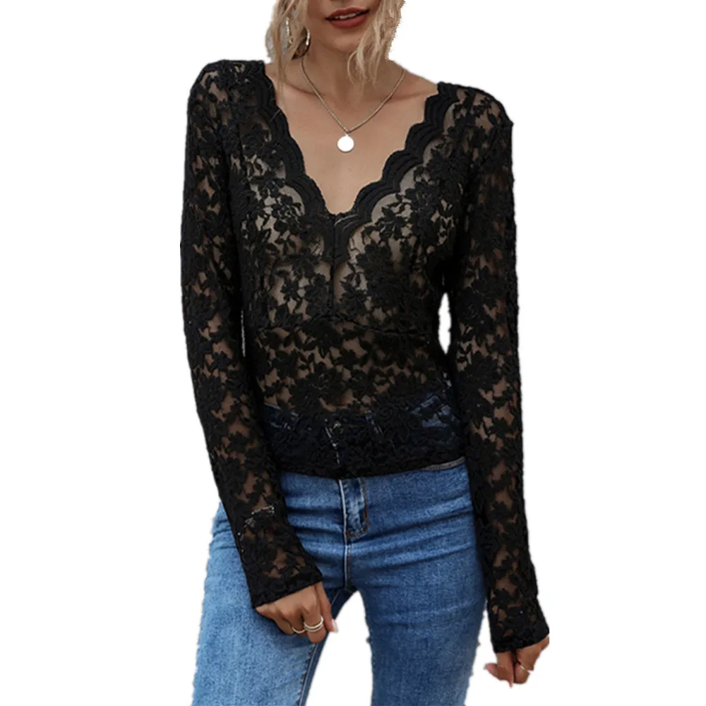 Ladies Casual Black Lace Hollow Out See-Through Top And Blouse Women Autumn Sexy V-Neck Long Sleeve Backless Tie Elegant Blouses