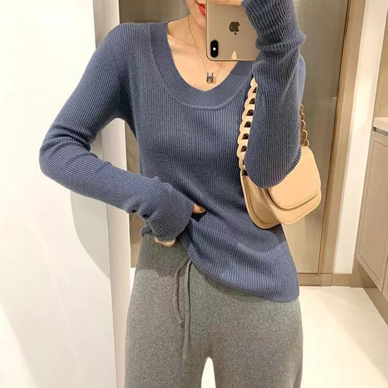 U collar slim body wool knit bottom sweater women autumn and winter thin pullover versatile solid color long sleeve sweater