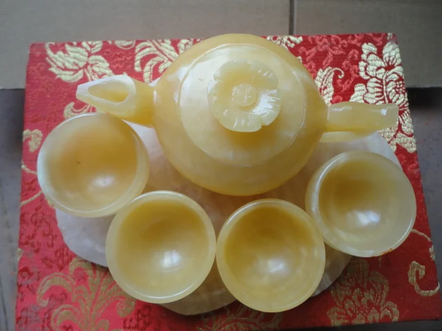 Chinese Natural Jade Hand Carving Kung Fu Tea Set 1 Pot 4 Cups