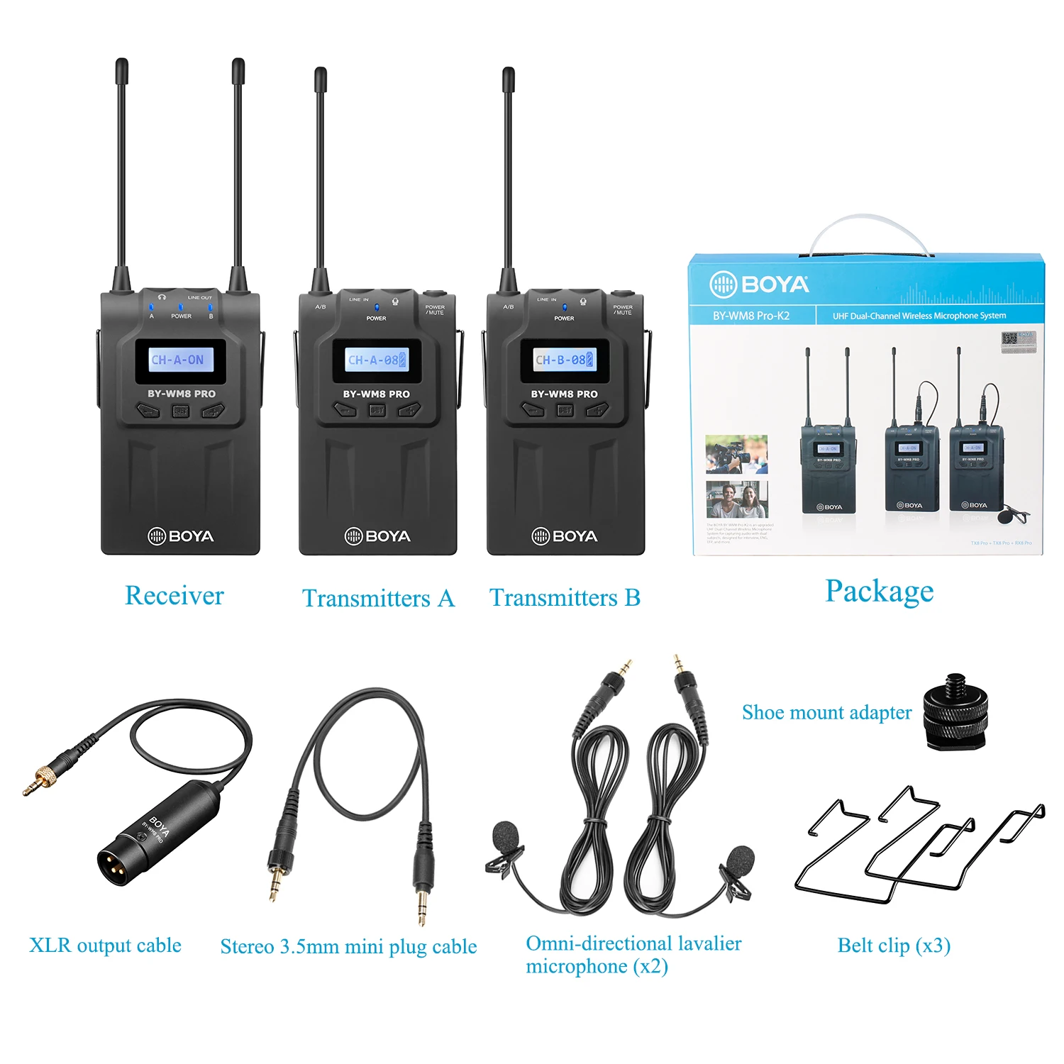 Imagem -06 - Boya Pro Profissional Dual-channel Uhf Lapela Sistema de Microfone sem Fio para Câmera Iphone pc Dslr Livebroadcast By-wm8 de