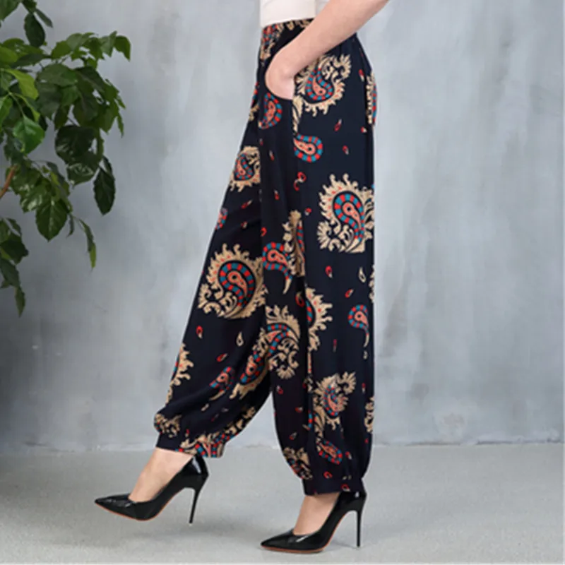 UHYTGF Trousers For Women 2022 Fashion Cotton Silk Printing Casual Spring Summer Pants Female Elegant 5XL Loose Size Pants 1615