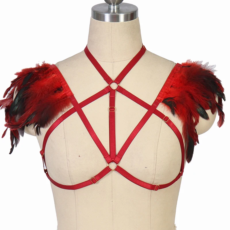 

JLX.HARNESS Open Chest Bra Red Feather Wings Sexy Lingerie Body Bondage Harness Woman Goth Rave Feather Party Body Harness Belt