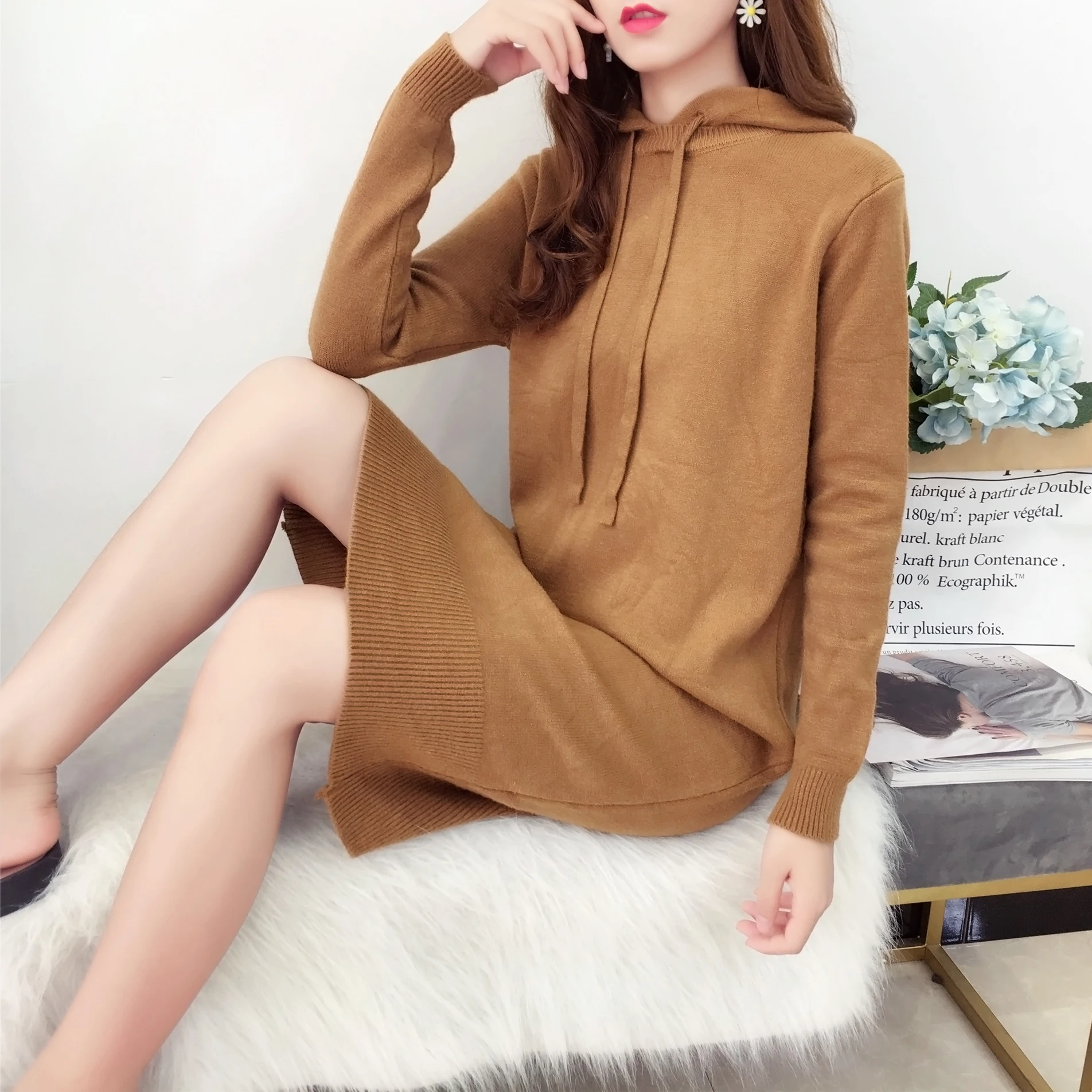 

New casual hooded maix dress women straight Sweater Dress autumn Winter loose Long thick Dress female oversize girl Knit Dress