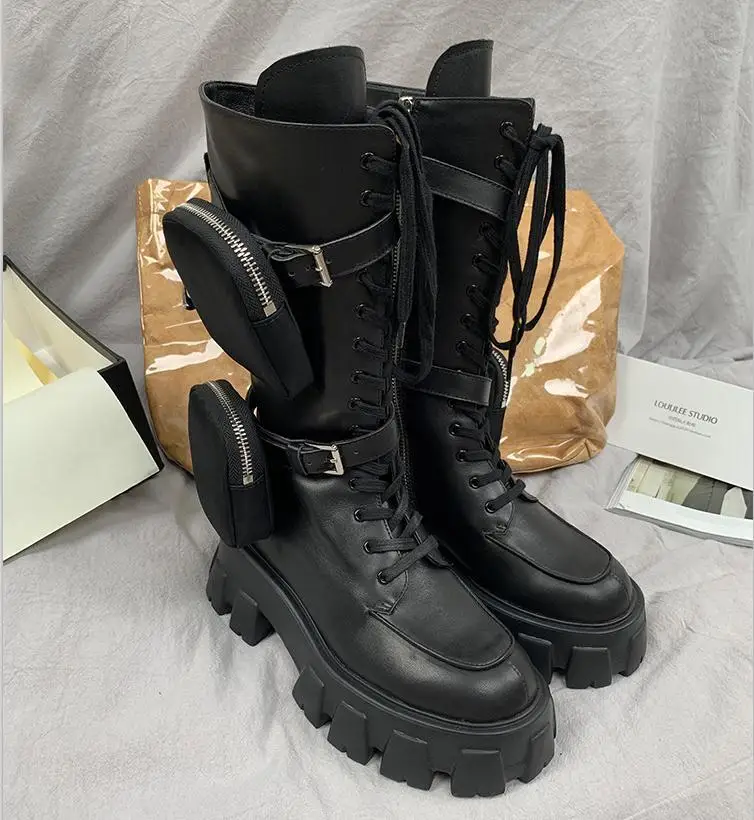 

Motorcycle Platform Boots Women Leather Bota Feminina Winter Botas Mujer Lace Up Mid-calf Botines Mujer 2020 Zapatos De Mujer