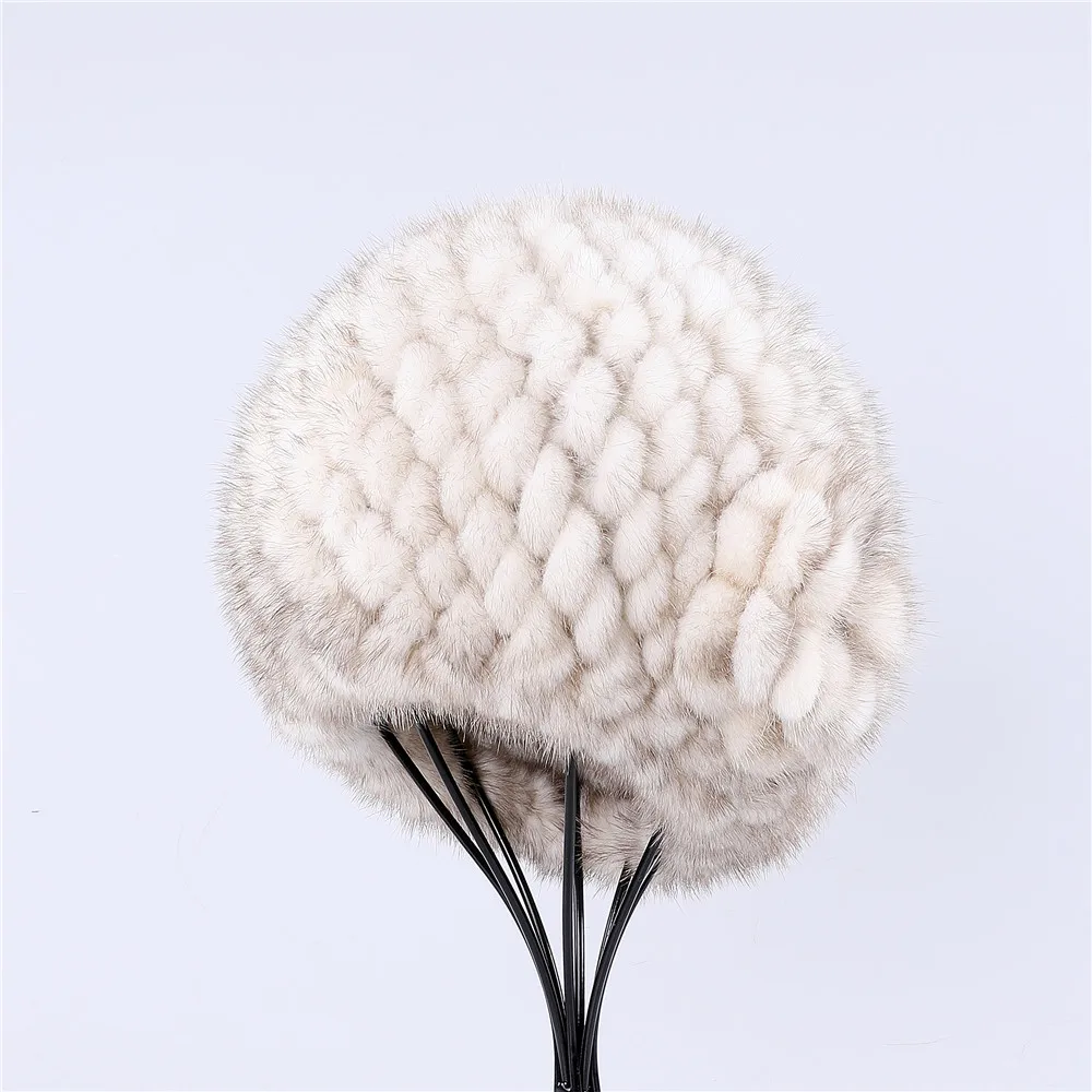 

Women's Winter Mink Fur Knitted Beret Hat Real Fur Beanie Top Caps With Flowers