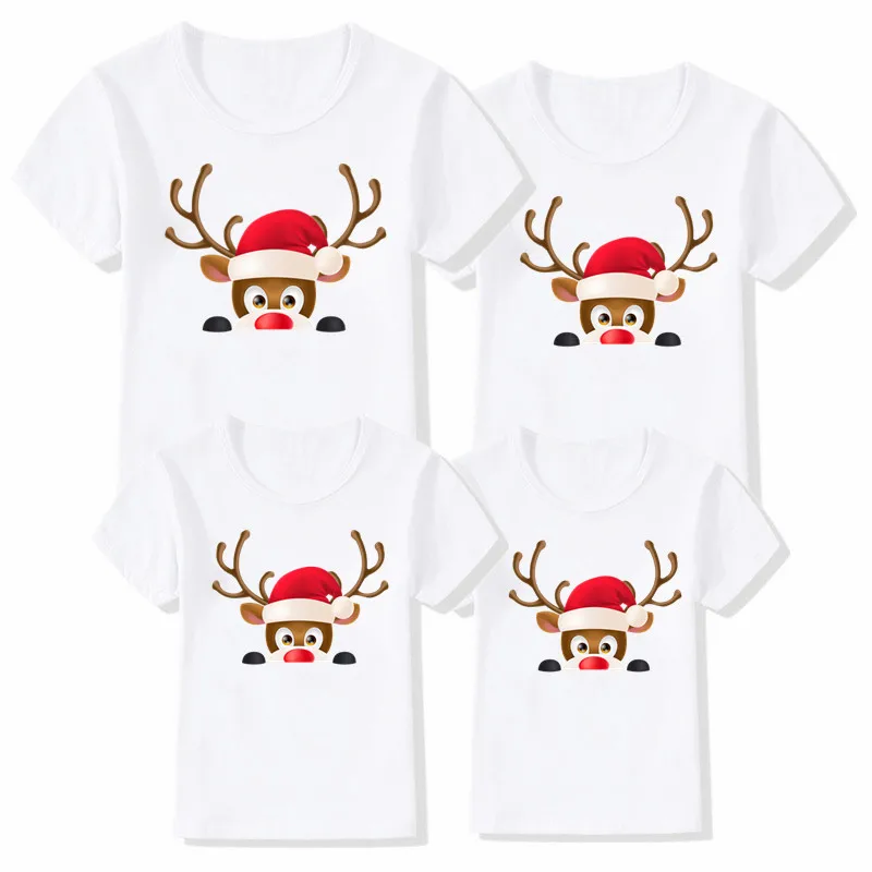 

Family Matching Mother Father Kid Christmas Clothes Family Look White Short Sleeve Tops Blouse Reindeer Xmas Boy Girl Clothes