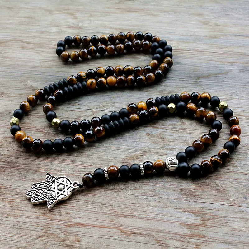 Unique Man\'s necklace with 6mm Natural stone beads and Hamsa Pendant Necklace Dropshipping