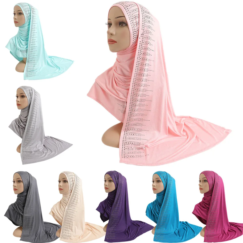 

Muslim Long Scarf Plain Solid Cotton Headscarf Jersey Hijab Women Rhinestone Ladies Shawl Scarves Modal Islamic Arabic Headwrap