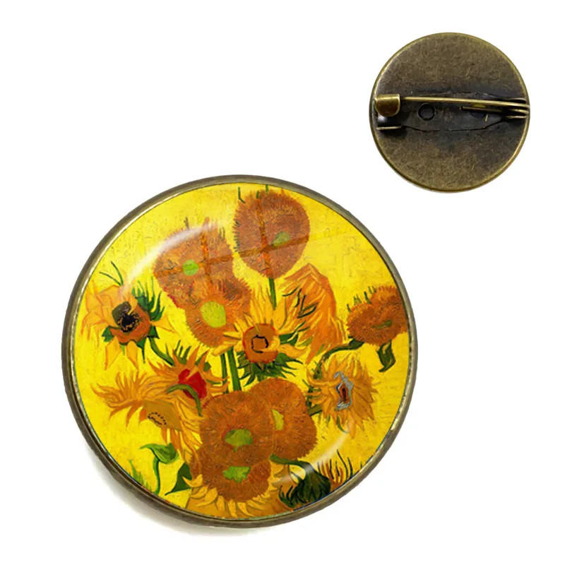 فان جوخ عباد الشمس الفن Vintage بروش البرونزية 20 مللي متر الزجاج كابوشون قبة طوق دبابيس شارة مجوهرات للنساء الرجال الاطفال هدية