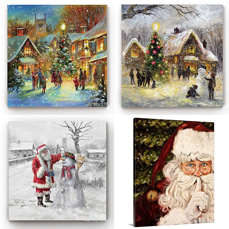 Christmas By Ho Me Lili Wall Art Idyllic Winter Town Vibrant Colors Xmas Tree Ginger Bread Snow Man Santa Reindeer Canvas