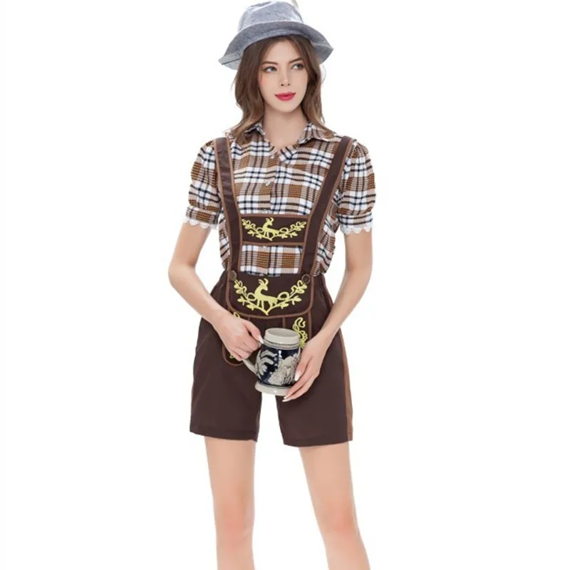 

Traditional German Oktoberfest Cosplay Costume Women's Bavarian Lederhosen Shorts Plaid Shirt And Suspenders