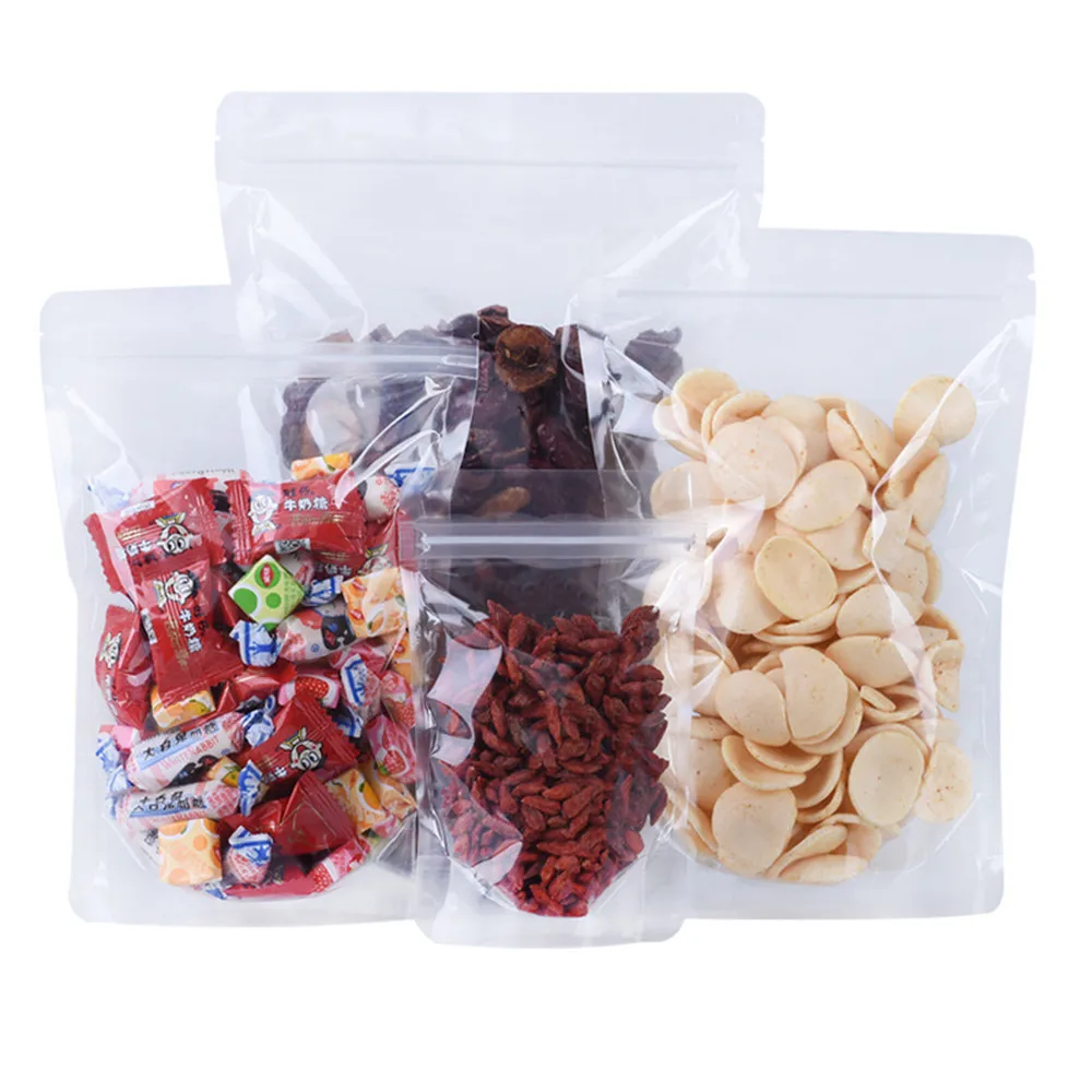 

1000Pcs Tear Notch Stand Up Food Tea Candy Nuts Reusable Packaging Pouches Clear Plastic Zip Lock Self Grip Seal Waterproof Bag