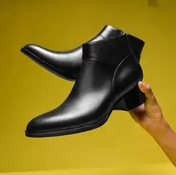 Men Black Genuine Leather Boots High Top Casual Short Boot Wedding Business Fashion Pointed Toe Zipper Ankle Heels Shoes 5cm