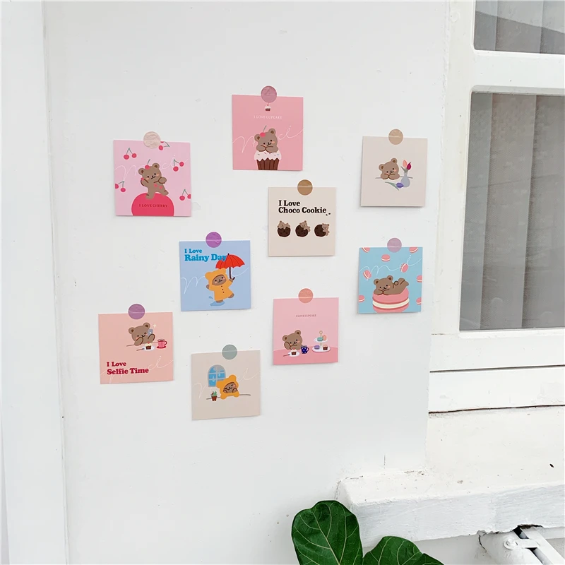 Coreano bonito dos desenhos animados Bear Decoração Cartões, Eu amo Cupcake Handbook Album, Etiqueta de parede do quarto, Foto Props Papelaria, 9pcs