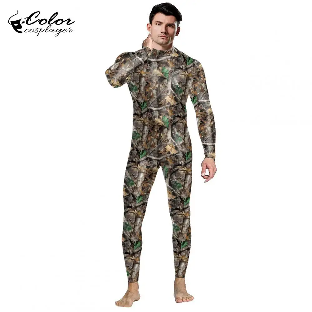 Color Cosplayer Hip-Hop Halloween Festival Men New Bodysuits Cosplay Costume Grey Leave Printed Long Sleeve Spandex Jumpsuits