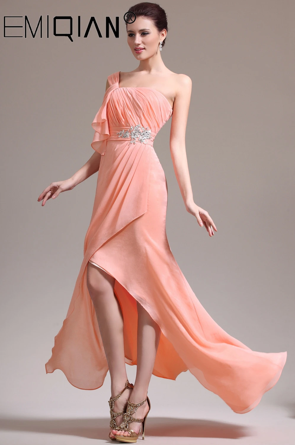 

One Shoulder Hi-Lo Chiffon Prom Dresses Beads Crystal Evening Homecoming Party Gown