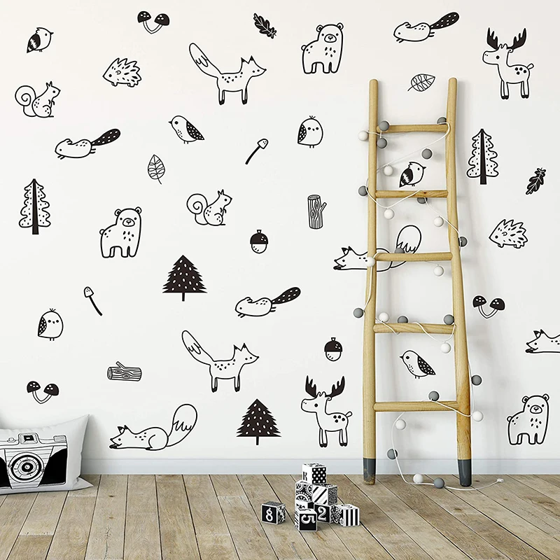 40Pcs Jungle Animal Forest Wall Sticker camera dei bambini Nordic Fox Bear alce Birds scoiattolo tronco di pino foglia decalcomania della parete