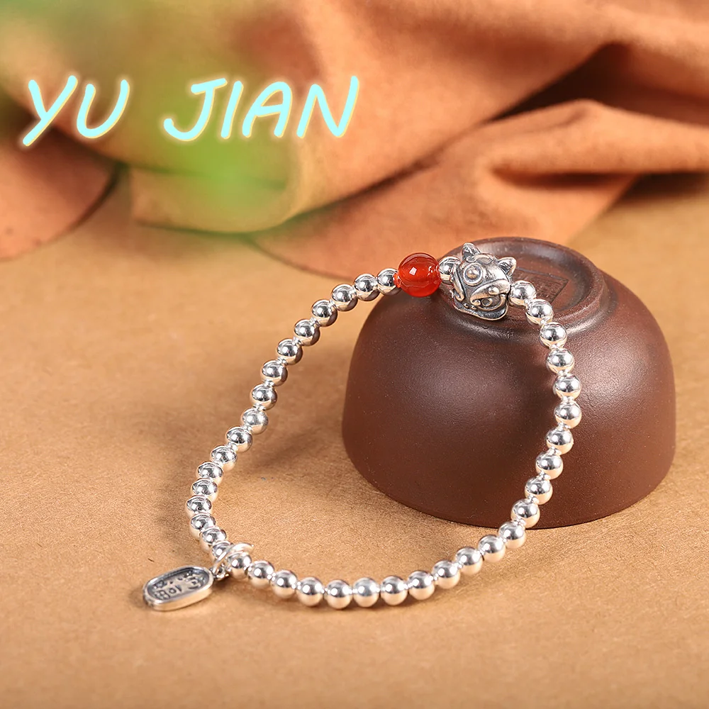 

S925 Silver Hand Carved Lion Agate Bead Chain Bracelet Fashion Simple Jade Bangle Women's Handring Jewelry