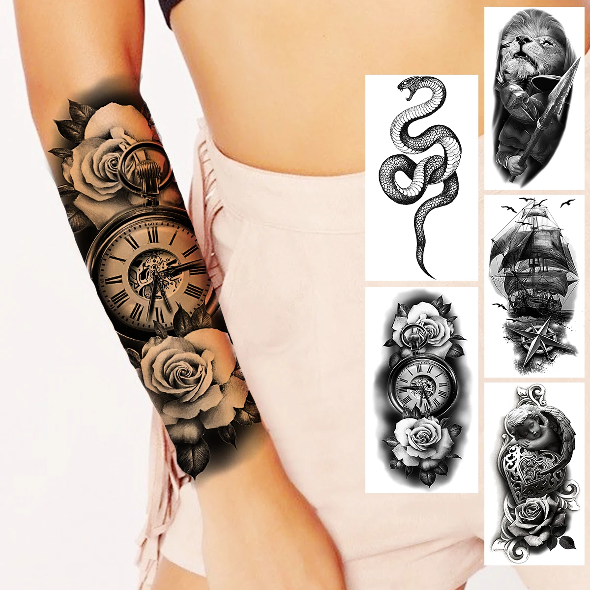 Minimalist Compass Flower Temporary Tattoos For Women Men Snake Lion Samurai Pirate Ship Fake Tattoo Sticker Sexy Forearm Tatoos
