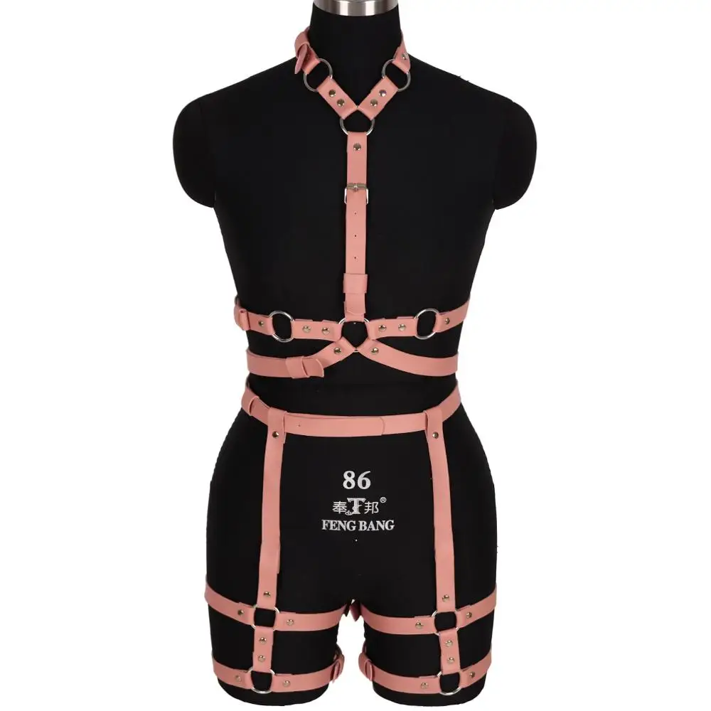 

Goth Pink Leather Harness Belts Ring Bondage Waist Dance Rave Full Body Garter Belt Sexy Cage Bra Lingerie Suspender Shapewear