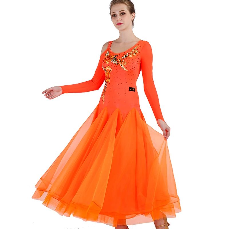 Ballroom Competition Dance Dresses Women New Long Sleeve Elegant Flamenco Dancing Costume Orange Standard Ballroom Dress