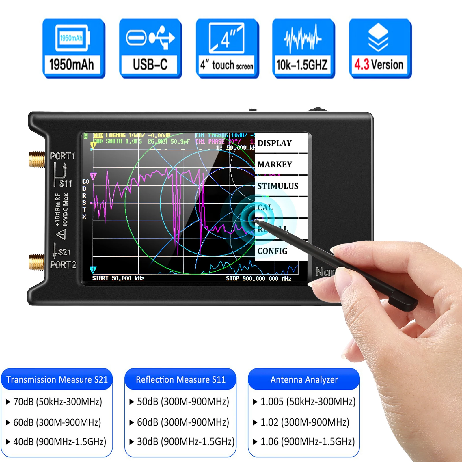 Analisador de rede vetorial com slot para cartão SD, Hugen, 10K-1.5GHz, 4 