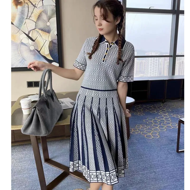 

Elegant Summer Women Short Sleeve Midi Dresses Knee Length Print Turndown Collar Clothes High Street Soft Cozy Pleated Skirts