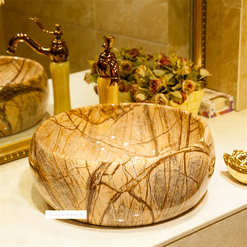 Room Basin Bowl Toilet Single Hole Above Counter Basin Bathroom Round Hand Wash Basin Art Tree-Texture Ceramics Sink Washing