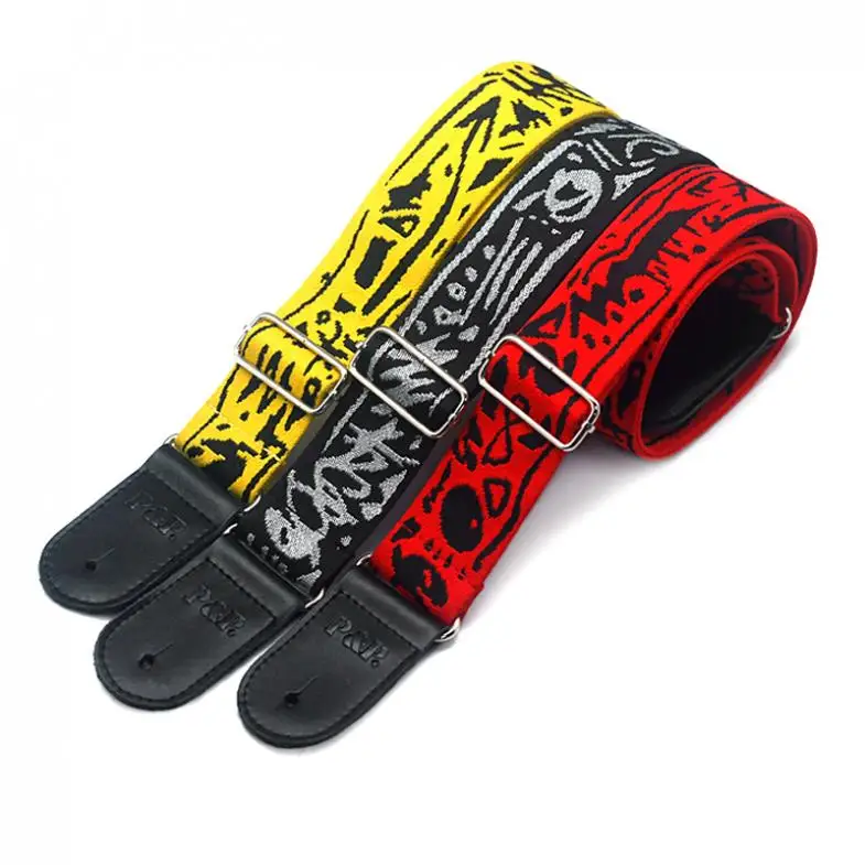 Pure Cotton Embroidery Double Fabric Guitar Straps with Genuine Leather Ends for Acoustic Electric Guitar Bass