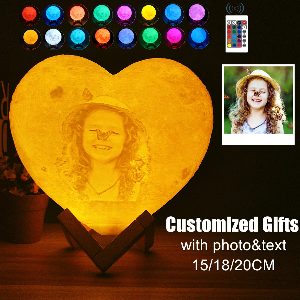 Angepasst Herz Form Mond Lampe 3D druck Personalisierte Foto Text Lunar USB Lade Nacht Lampe Benutzerdefinierte geschenk