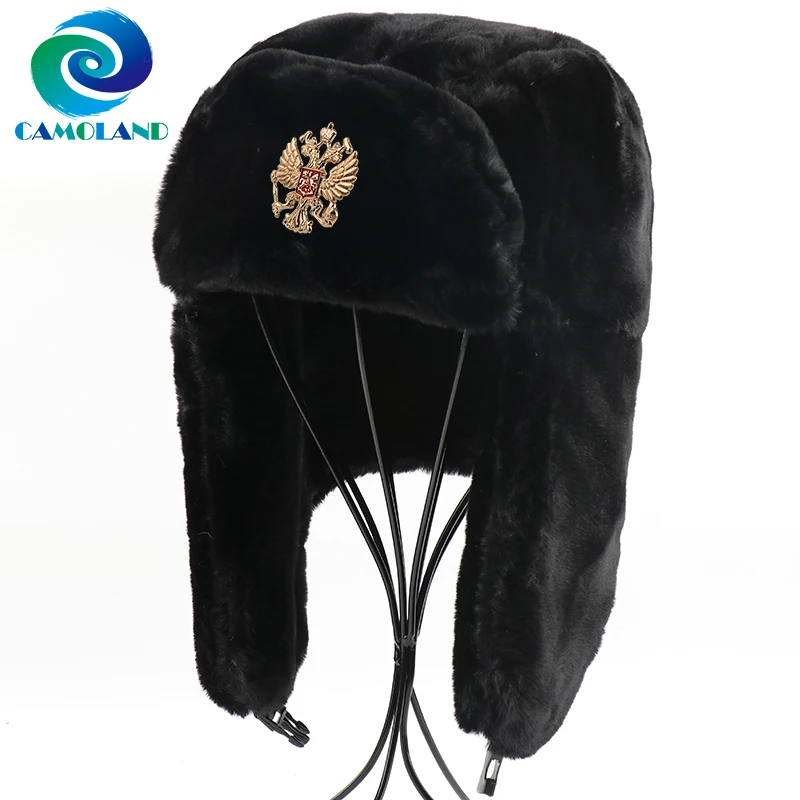 CAMOLAND Soviet Army Military Badge Russia Ushanka Bomber Hats Women Men Winter Warm Faux Fur Earflap Hats Trapper Snow Caps