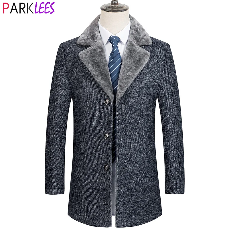 Men's Luxury Herringbone Tweed Wool Coat 2022 Winter Brand Fake Fur Collar Gray Trench Coat Men Slim Fit Overcoat Windbreaker