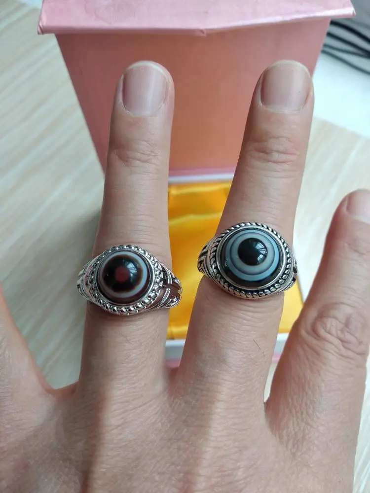 Two Ring Rare Tibetan Dzi Bead Nature Eye Vein Finger Gemstone Amulet Exorcise evil spirits  Talisman