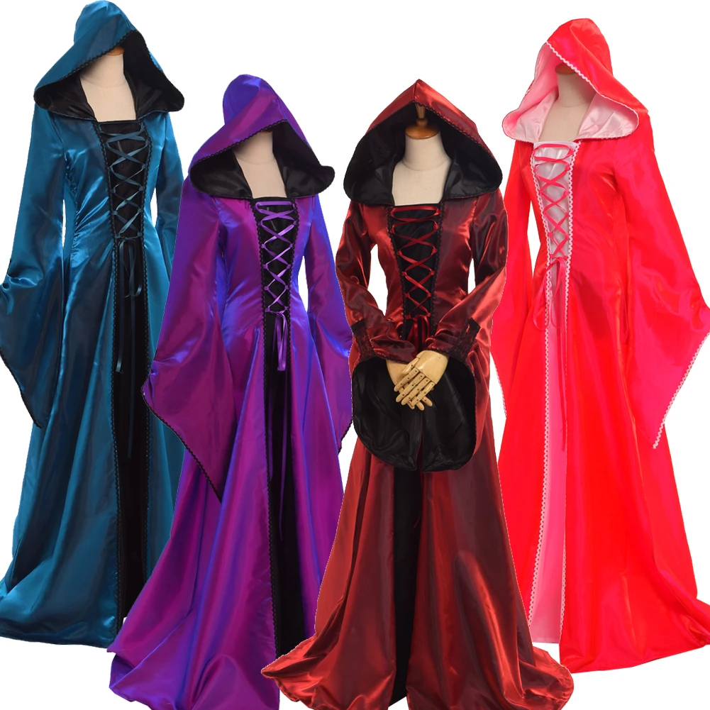 Witch Dress Women Hooded Dress Corset Lace Up Cosplay Vintage Halloween Costumes Long Robe