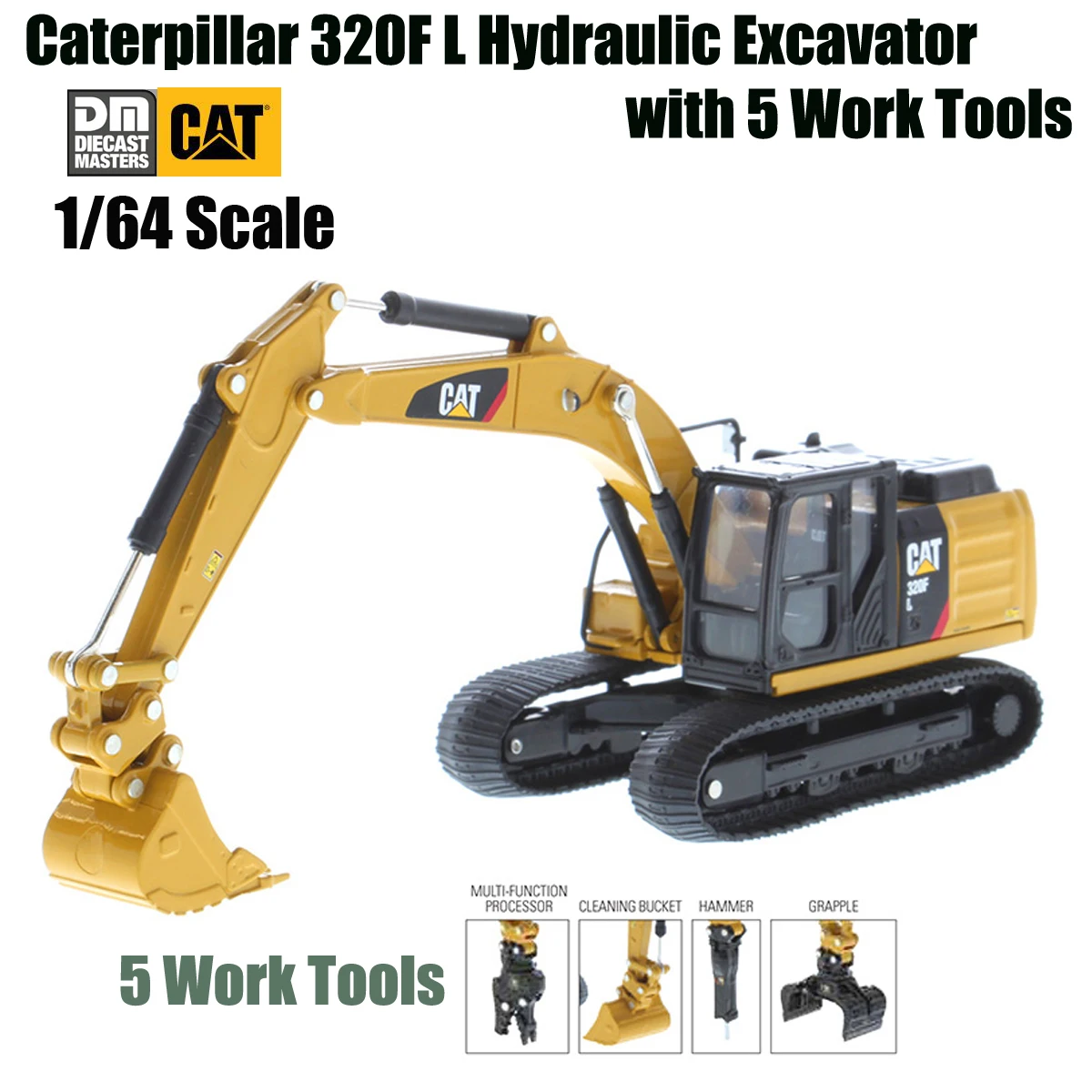 

NEW DM Cat-terrpillar 1/64 CAT 320F L Hydraulic Excavator with 5 Work Tools Matel By Diecast Masters Play&collect gift 85636