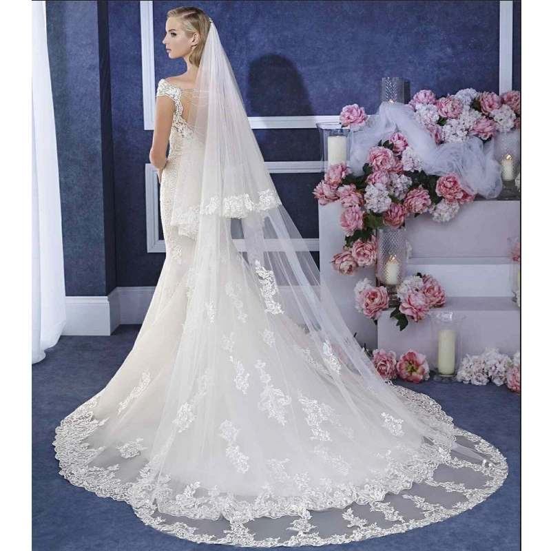 

Long 2T Cathedral Wedding Veils With Comb Bridal Accessories Lace Bridal Veil Customized