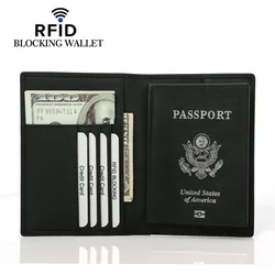 Portefeuille de passeport bloquant RFID en cuir véritable pour hommes, couverture de passeport, porte-monnaie de banque de crédit, organisateur de billets