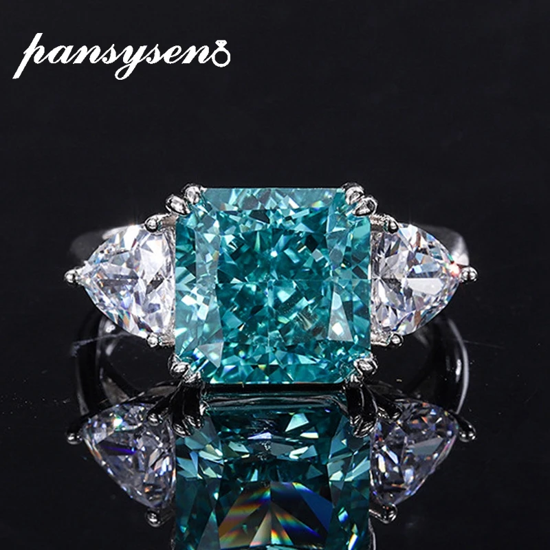 

PANSYSEN Luxury 925 Sterling Silver 10MM Radiant Cut Paraiba Tourmaline Gemstone Wedding Cocktail Rings for Women Fine Jewelry