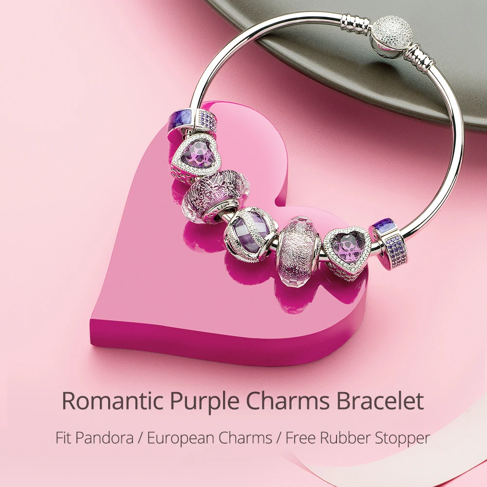 

ATHENAIE 925 Sterling Silver Romantic Purple Charms Bracelets & Bangles with CZ Beads For Women Valentine' Jewelry Girl Gifts