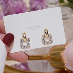 Gold Color Rhinestone Square Round Earrings for Women Luxury Exquisite Stud Earrings Girl Wedding Engagement Party Jewelry