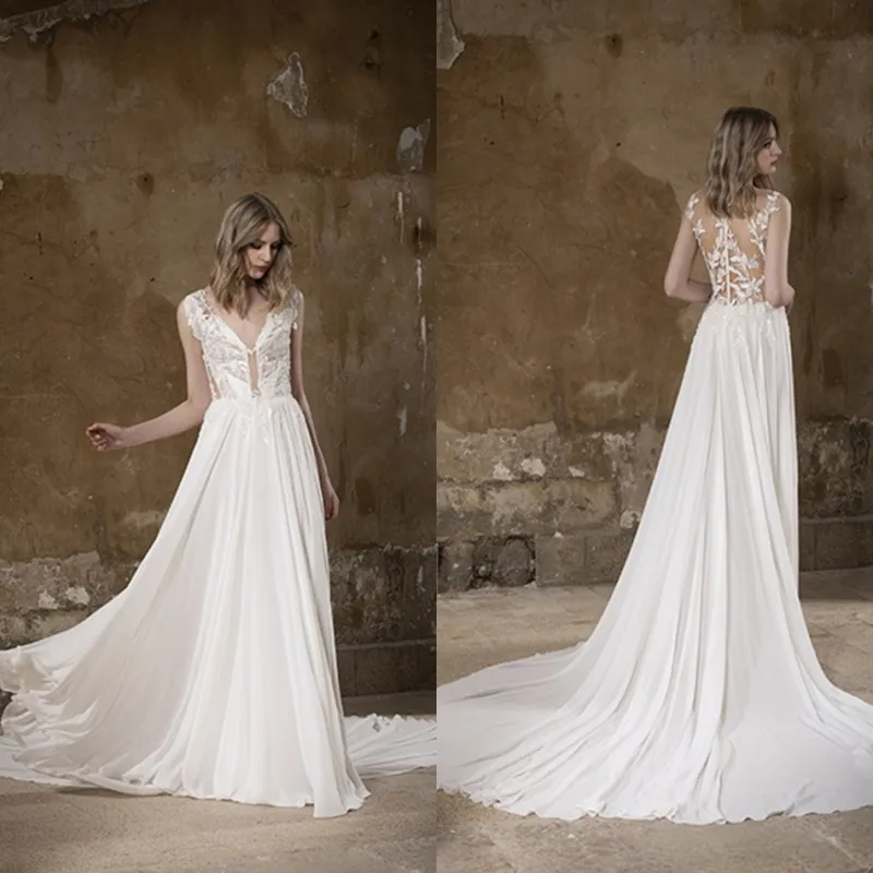 Moda Abiti Da Sposa Scollo A V In Pizzo Appliques Chiffon Abiti Da Sposa Su Misura Made Pulsante Indietro Sweep Treno UNA Linea di Abito Da Sposa